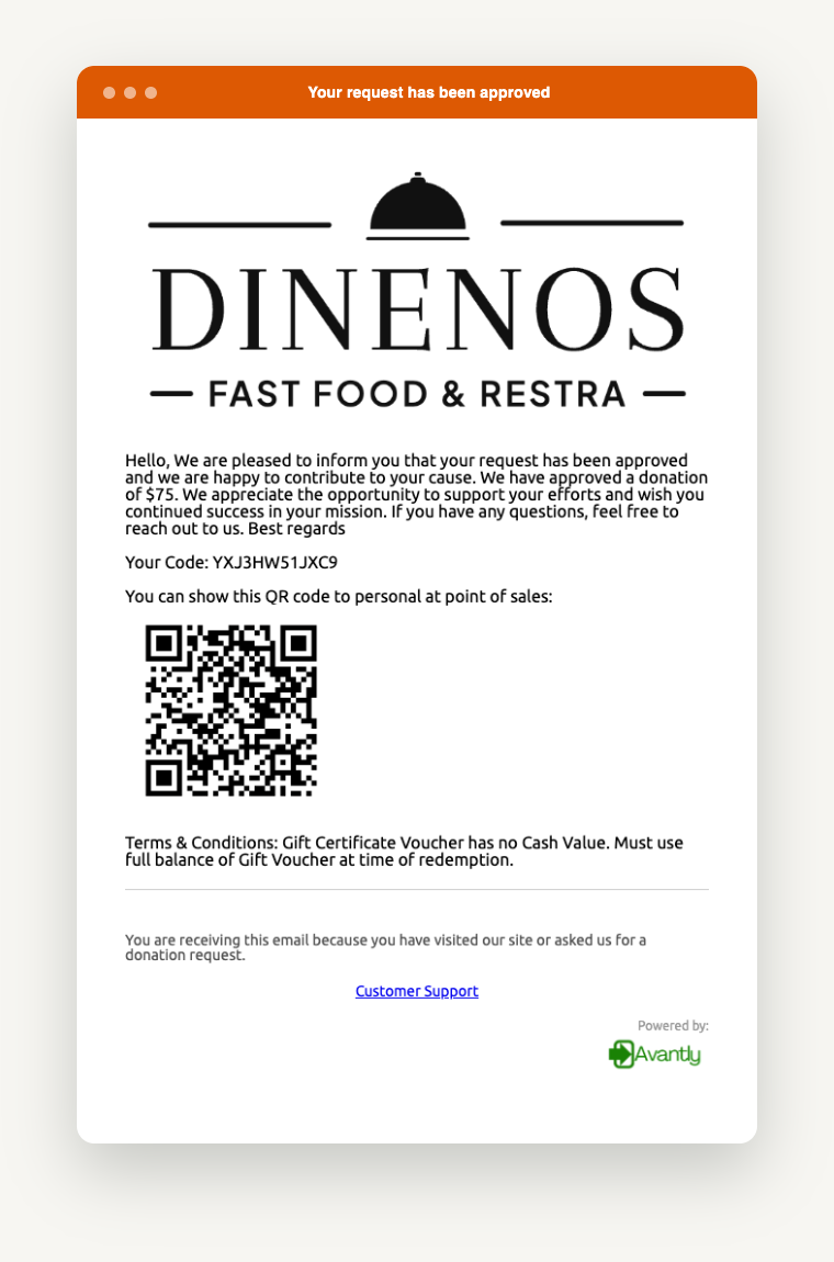 Branded Dinenos donation voucher email