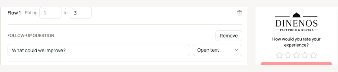 Survey routing: low ratings get a private follow-up question, next to the guest-facing rating card